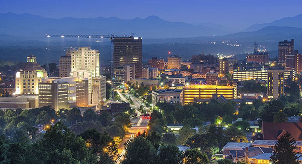 downtown Asheville, NC skyline at night